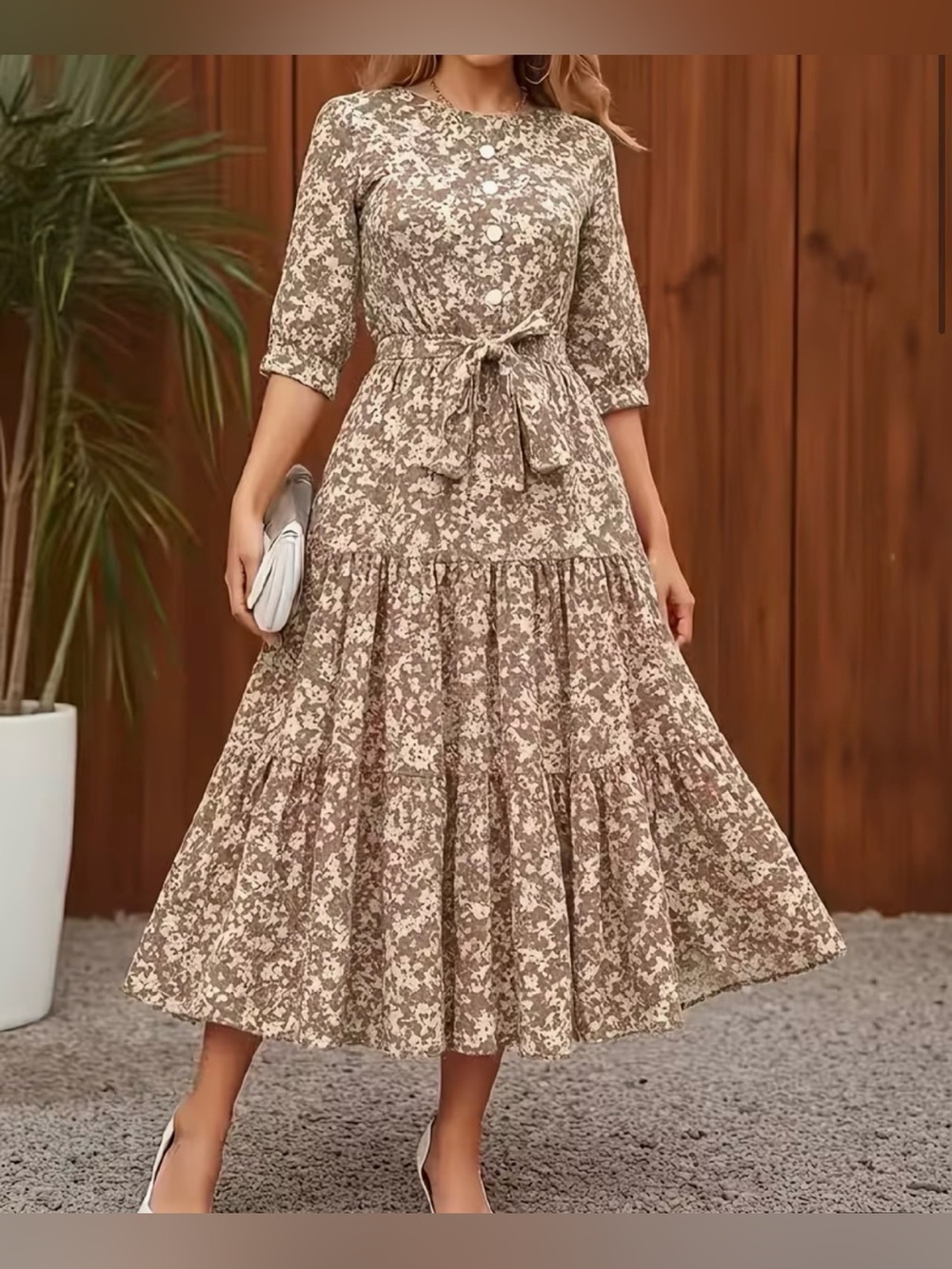 Floral Tiered Midi Dress with Tie Waist - Beige Floral